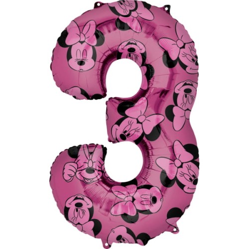 Balon foliowy Cyfra 3 Myszka Minnie Różowy Na Licencji, 66 cm