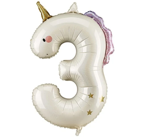 Balon foliowy Cyfra 3 Trzy Jednorożec Beż Kremowy Holo Urodziny, 93 cm