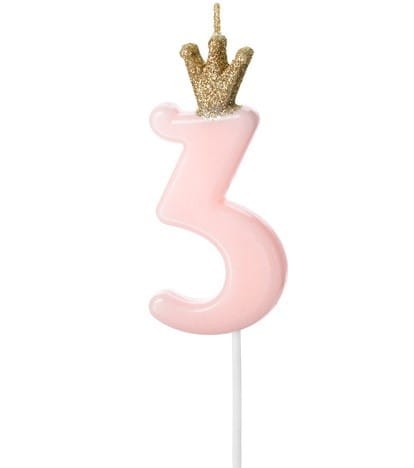 Świeczka Cyfra 3 różowa z koroną 9,5 cm