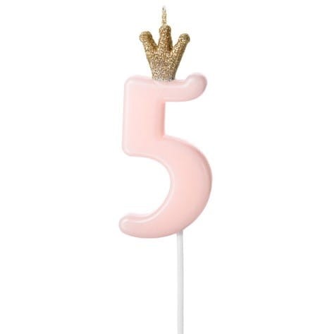 Świeczka Cyfra 5 różowa z koroną 9,5 cm