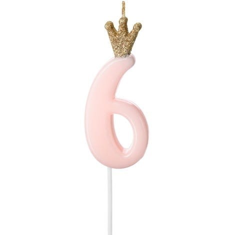 Świeczka Cyfra 6 różowa z koroną 9,5 cm