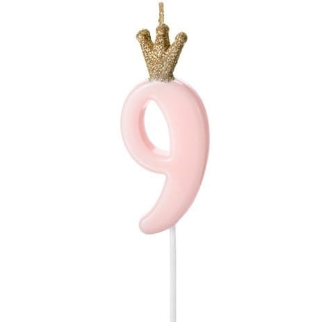 Świeczka Cyfra 9 różowa z koroną 9,5 cm